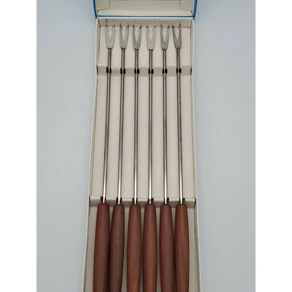 MCM Stainless Steel Japan Fondue Forks Color Coded Teak Wood Handles NIB 6 Piece